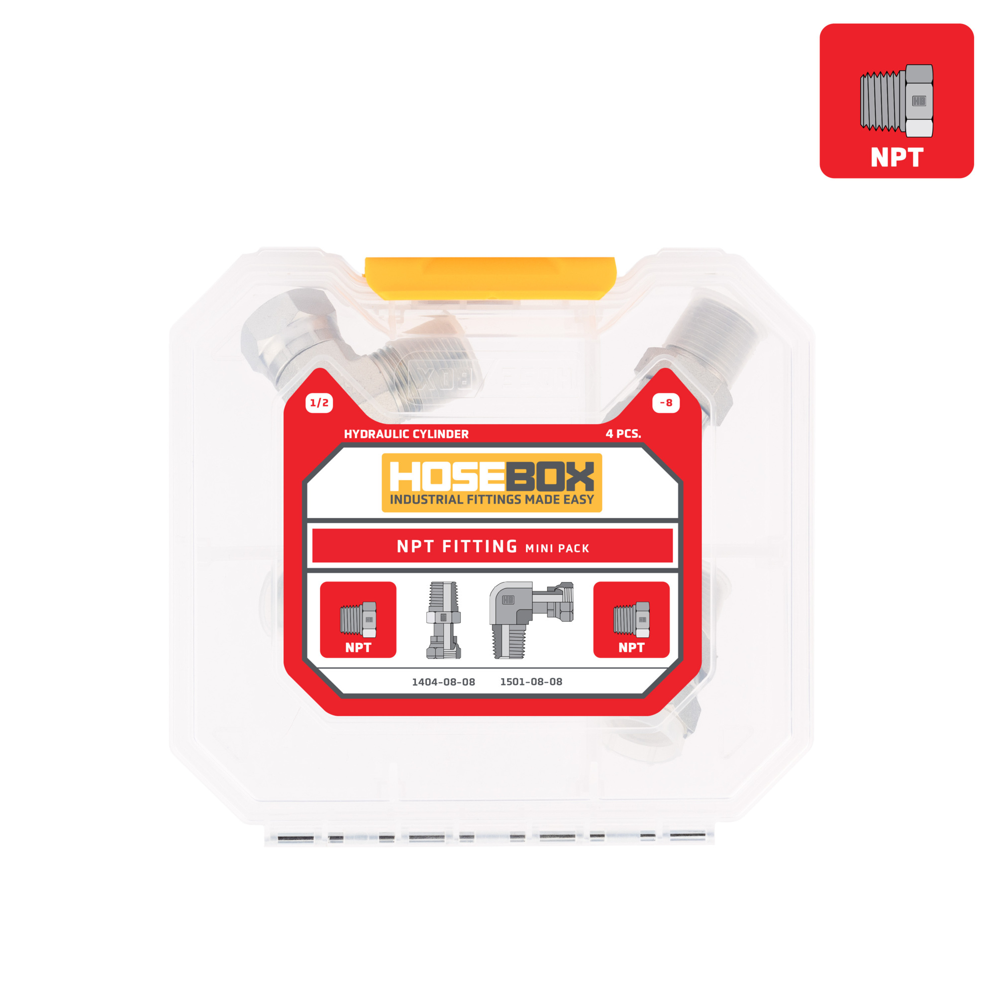 HoseBox, (1/2in.) NPT to NPT Mini Pack - 4 Adapters, Fitting Size Other in, Model# HBE2003-005